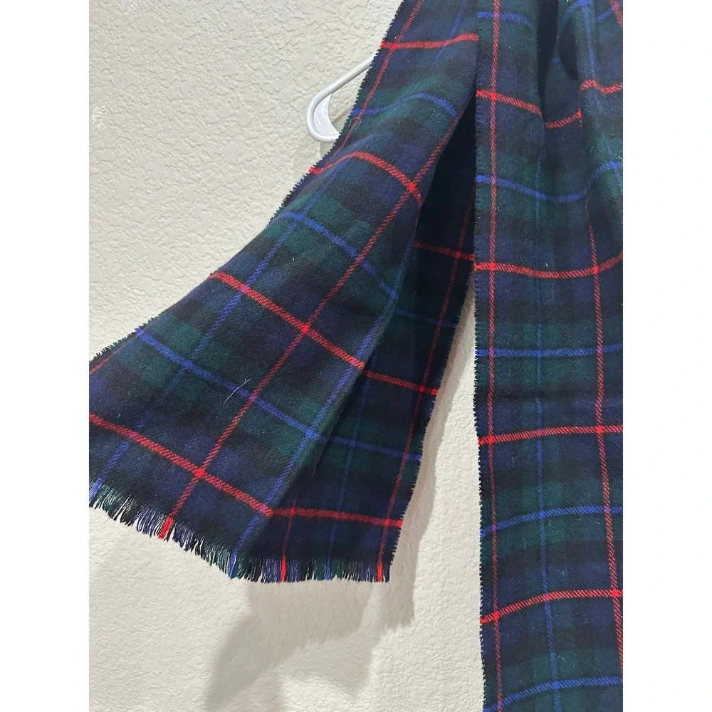Vintage 100% Merino Wool Plaid Scarf Made in Great Britain Navy Green Red Tartan